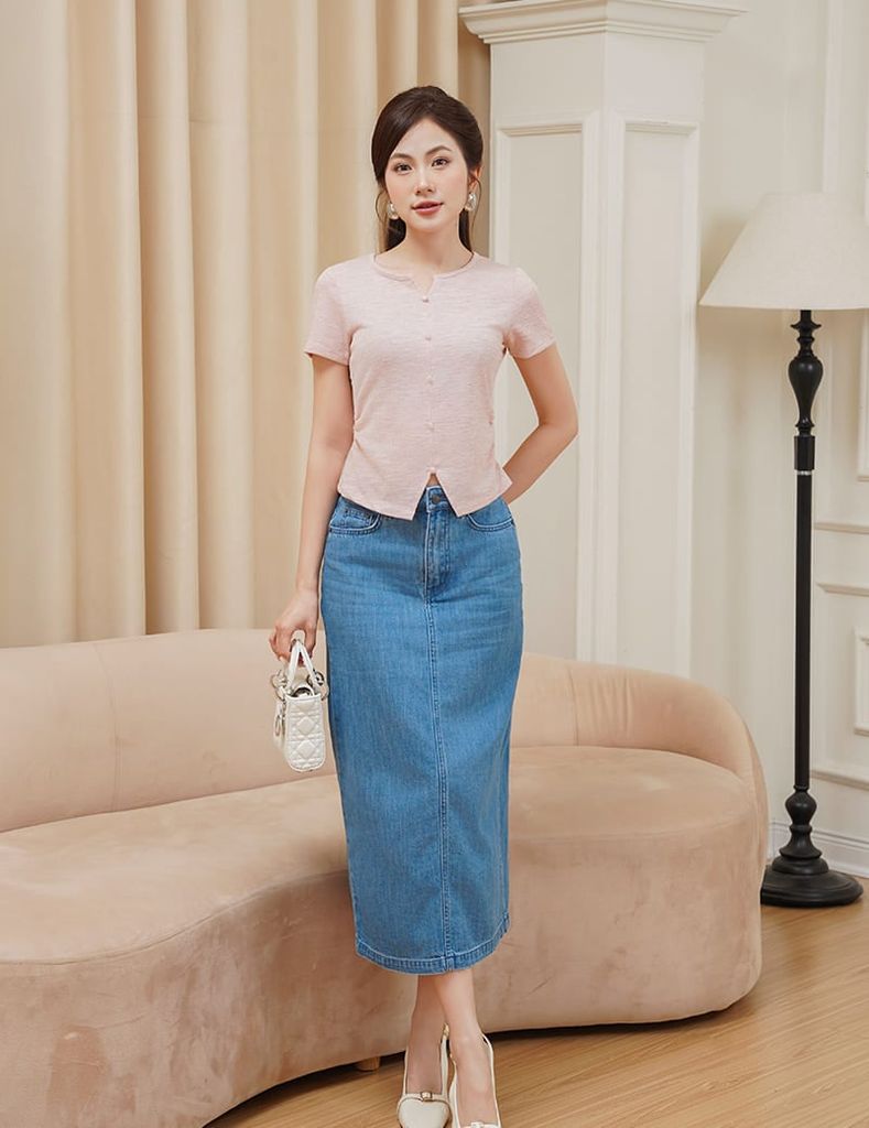 Chân váy jean nữ dáng dài thiết kế xẻ sau