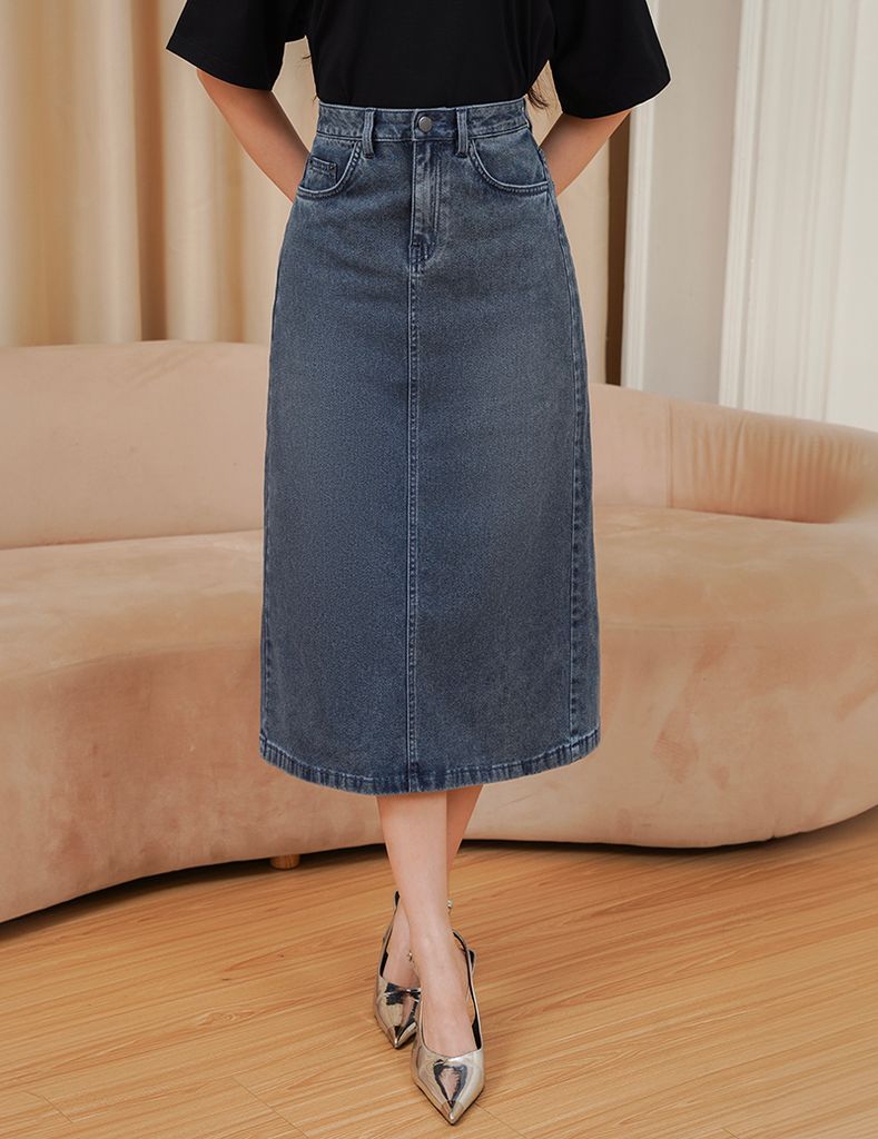 Chân váy jean dáng dài xẻ sau