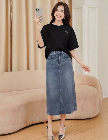 Chân váy jean dáng dài xẻ sau