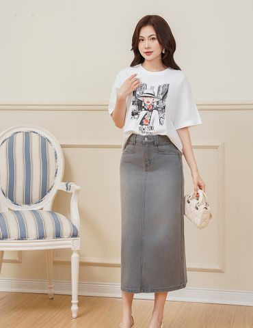 Chân váy jean dáng chữ A dài xẻ sau