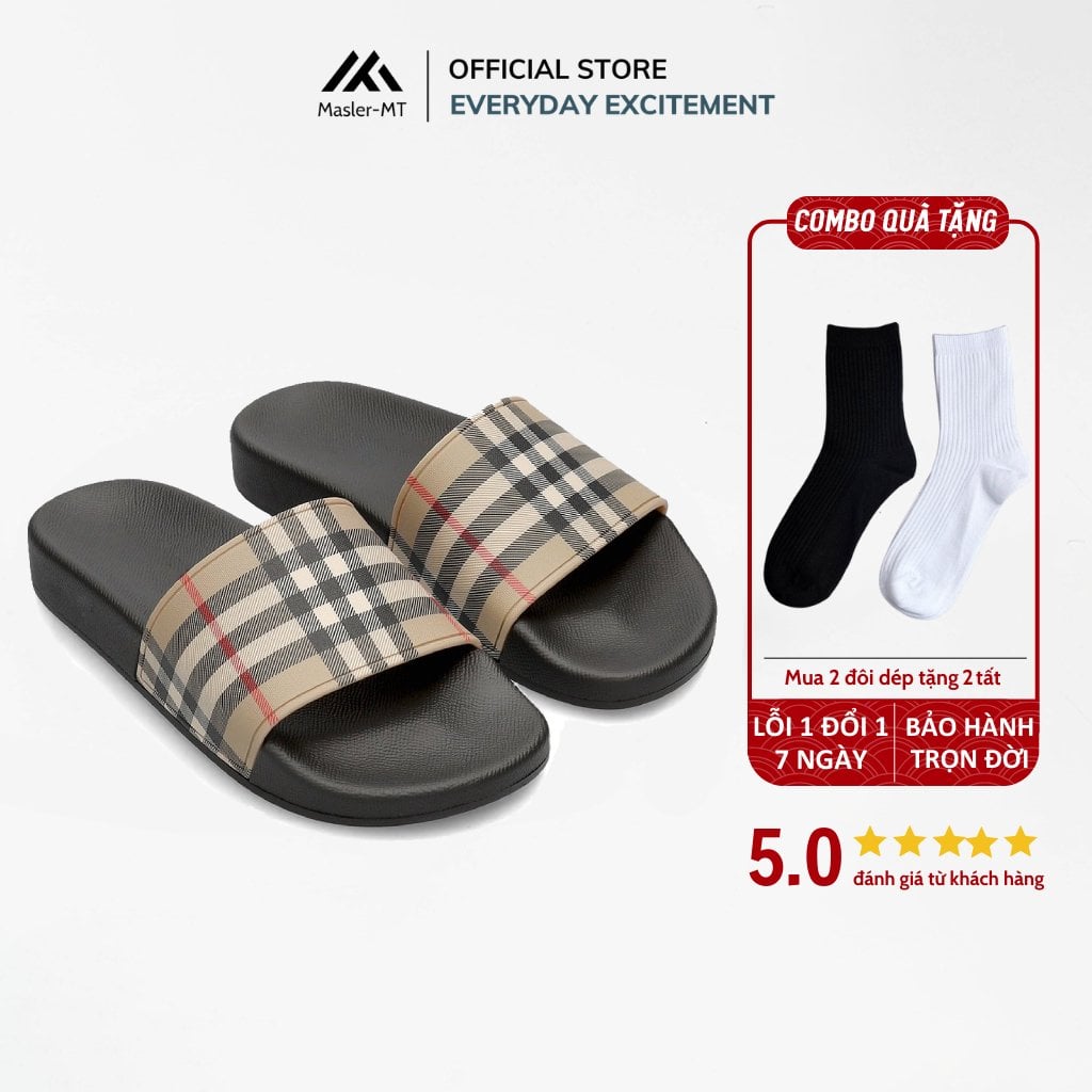  Dép quai ngang nam nữ Unisex Slipper họa tiết sọc caro M Masler-MT với đế IP siêu nhẹ và quai chống nước BB 