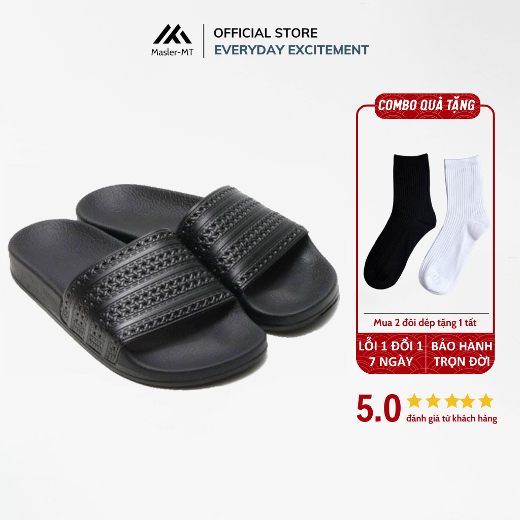  Dép quai ngang nam nữ Unisex Slipper M Masler-MT 3 sọc màu đen với thiết kế đế chống trơn trượt và quai êm chân DT2 