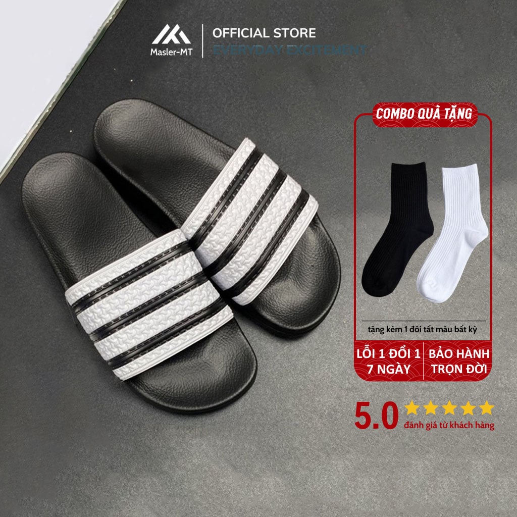  Dép quai ngang nam nữ Unisex Slipper M Masler-MT 3 sọc đen trắng với đế chống trơn và quai êm chân TD2 