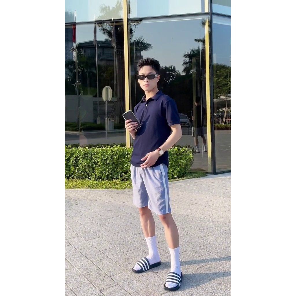  Dép quai ngang nam nữa Unisex Slipper M Masler-MT 3 sọc xanh navy với đế chống trượt và quai êm chân NV2 