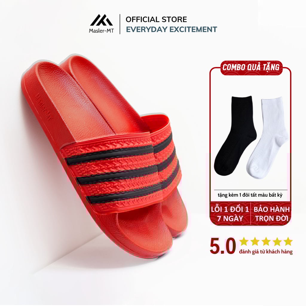  Dép quai ngang nam nữ Unisex Slipper M Masler MT màu đỏ sọc đen với lớp quai êm chân và đế chống nước DSD 