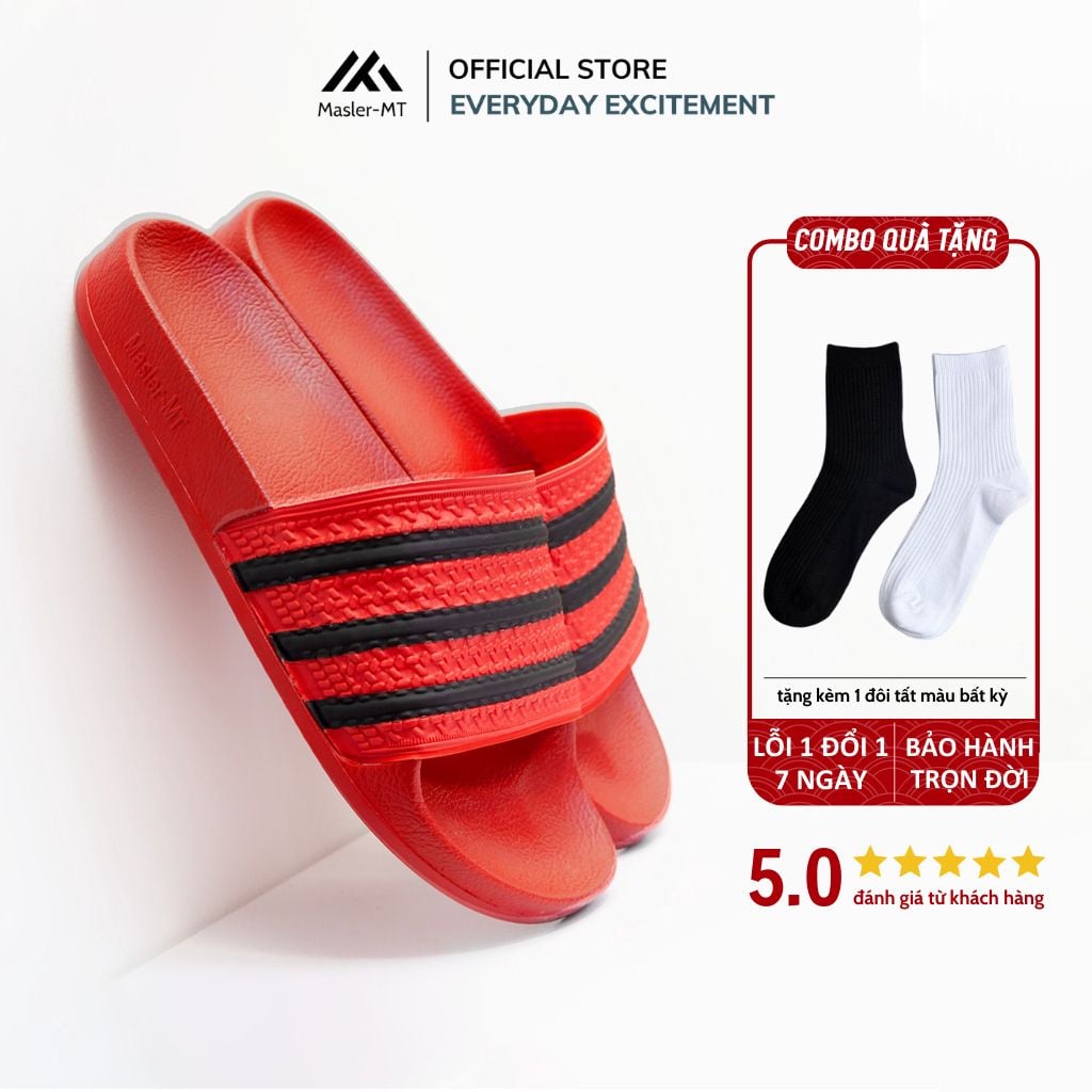  Dép quai ngang nam nữ Unisex Slipper M Masler MT màu đỏ sọc đen với lớp quai êm chân và đế chống nước DSD 