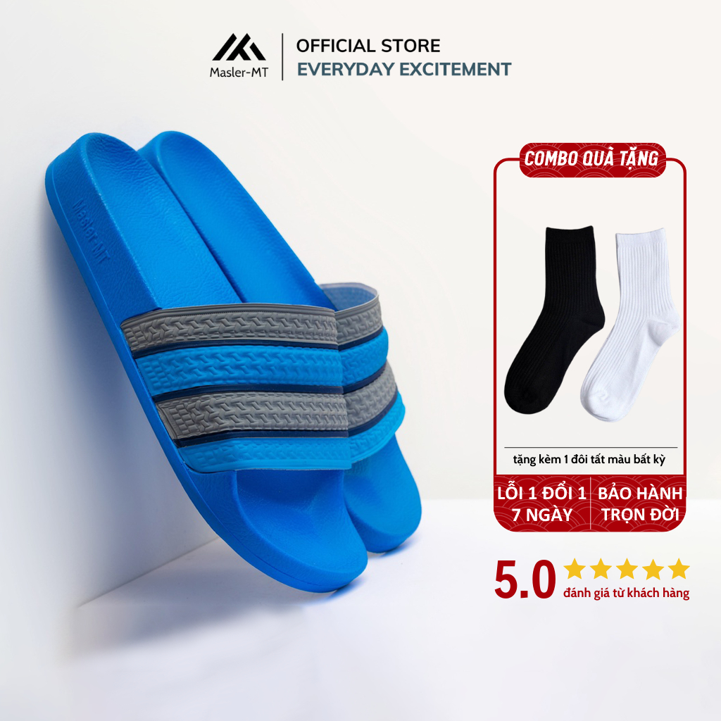  Dép quai ngang nam nữ Unisex Slipper M Masler-MT màu xanh dương 4 sọc xám với lớp đế chống trơn trượt XD4X 