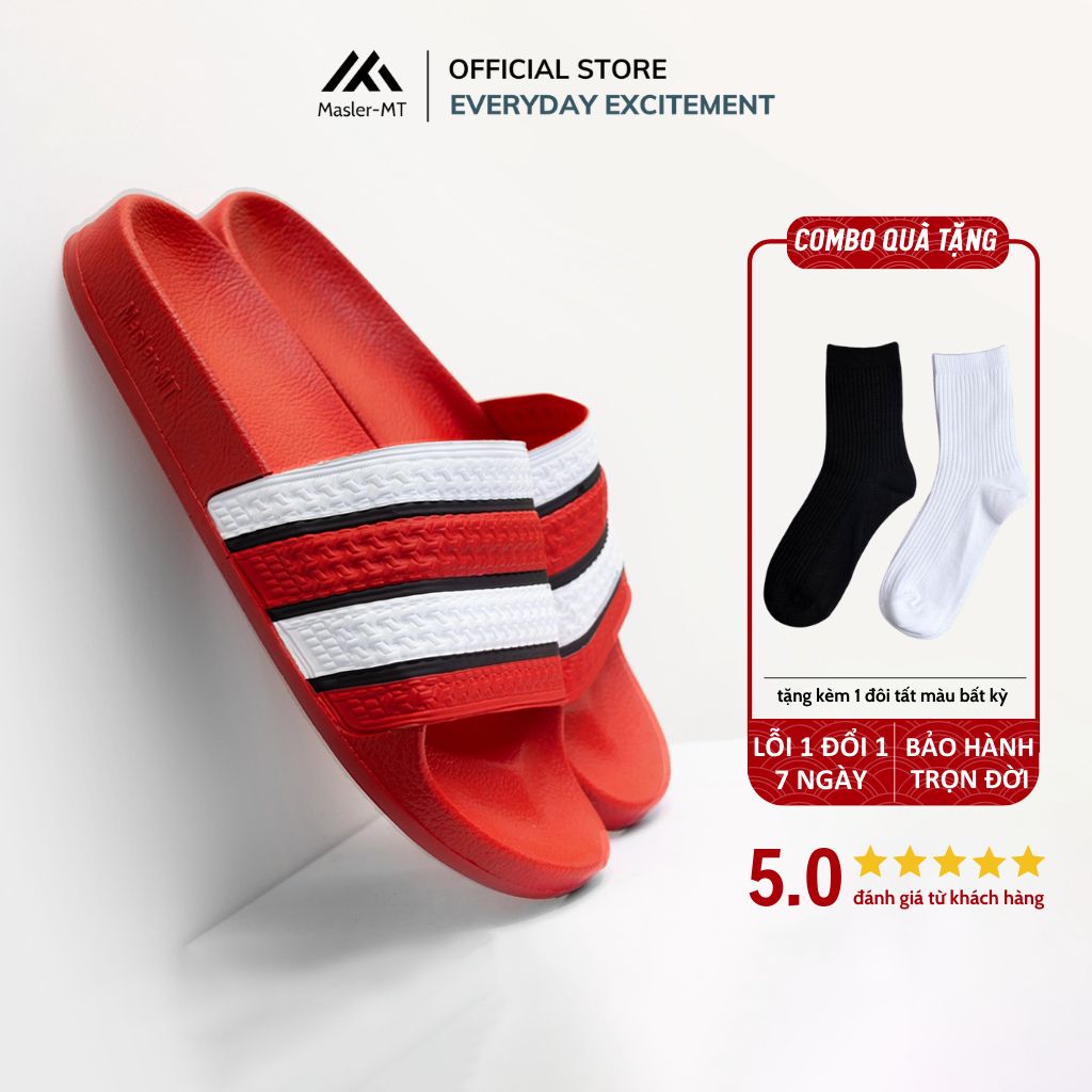  Dép quai ngang nam nữ Unisex Slipper M Masler-MT màu đỏ 4 sọc trắng với lớp quai êm chân và đế chống trơn DT4 