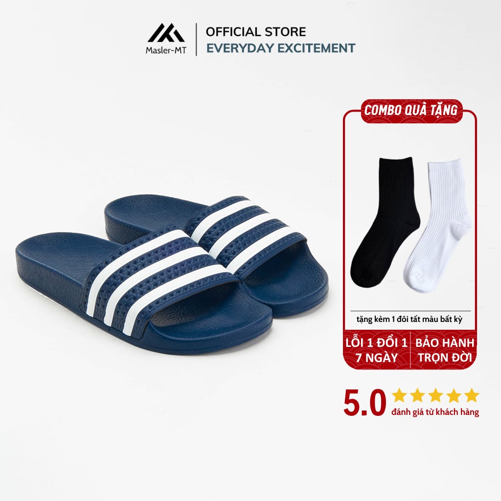  Dép quai ngang nam nữa Unisex Slipper M Masler-MT 3 sọc xanh navy với đế chống trượt và quai êm chân NV2 