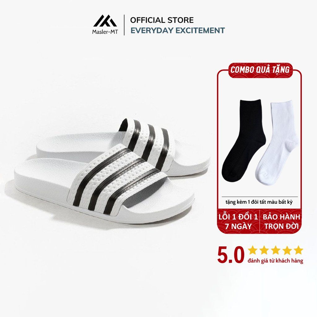  Dép quai ngang nam nữ Unisex Slipper M Masler-MT 3 sọc trắng đen với lớp đế chống ố vàng, dễ vệ sinh TD1 