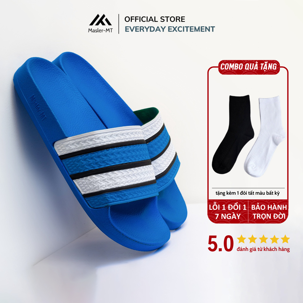  Dép quai ngang nam nữ Unisex Slipper M Masler MT 3 sọc màu xanh dương 4 sọc trắng với lớp đế chống trượt XD4 