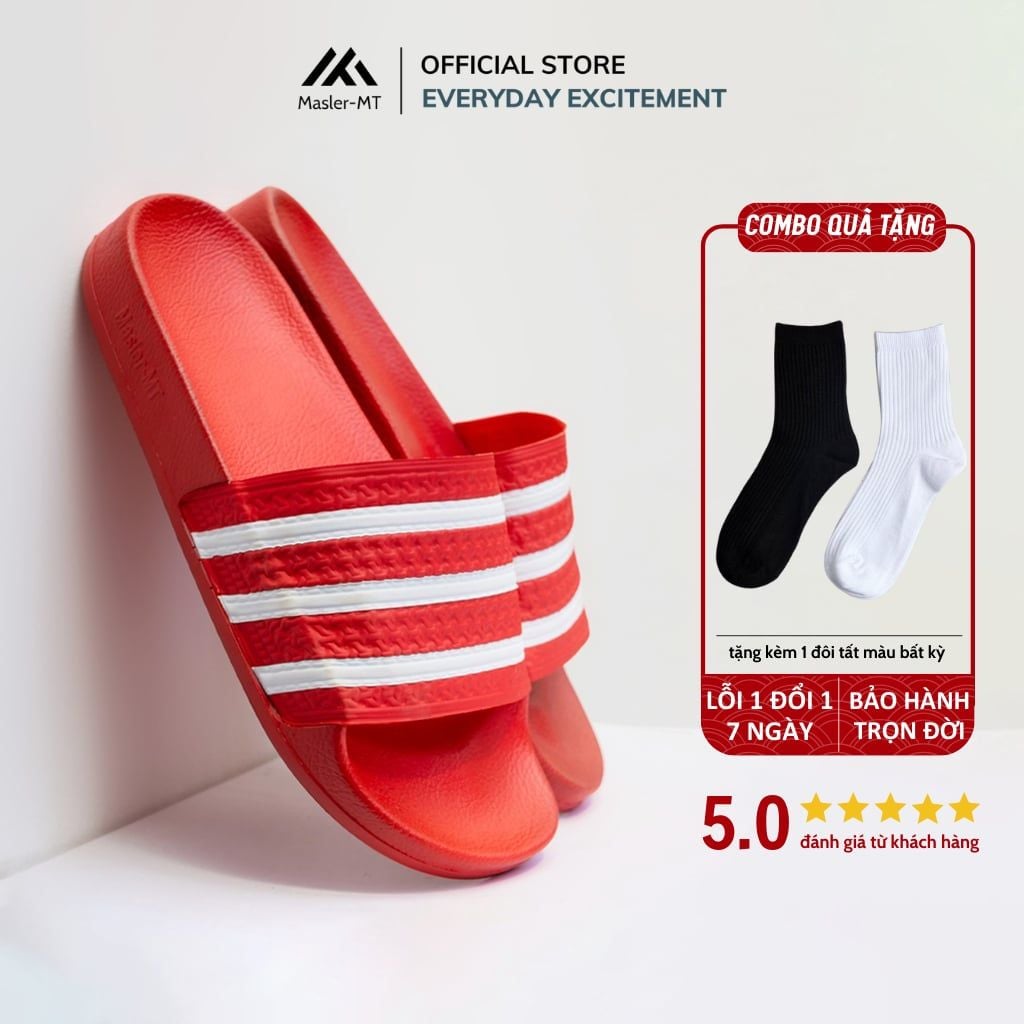  Dép quai ngang nam nữ Unisex Slipper M Masler-MT màu đỏ sọc trắng với lớp quai êm chân và đế chống trơn DST 