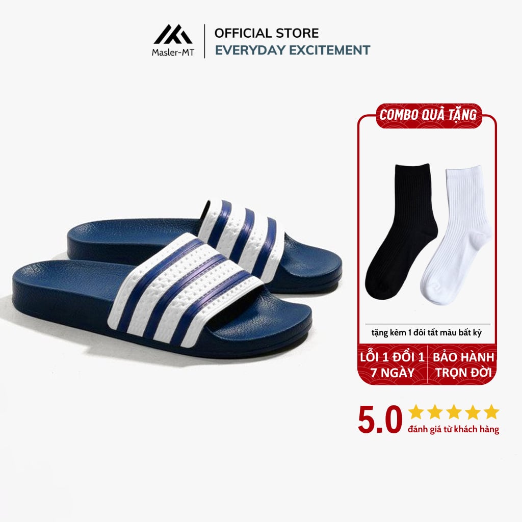  Dép quai ngang nam nữ Unisex Slipper M Masler MT 3 sọc navy trắng với đế êm chân chống trượt và khử mùi NV1 