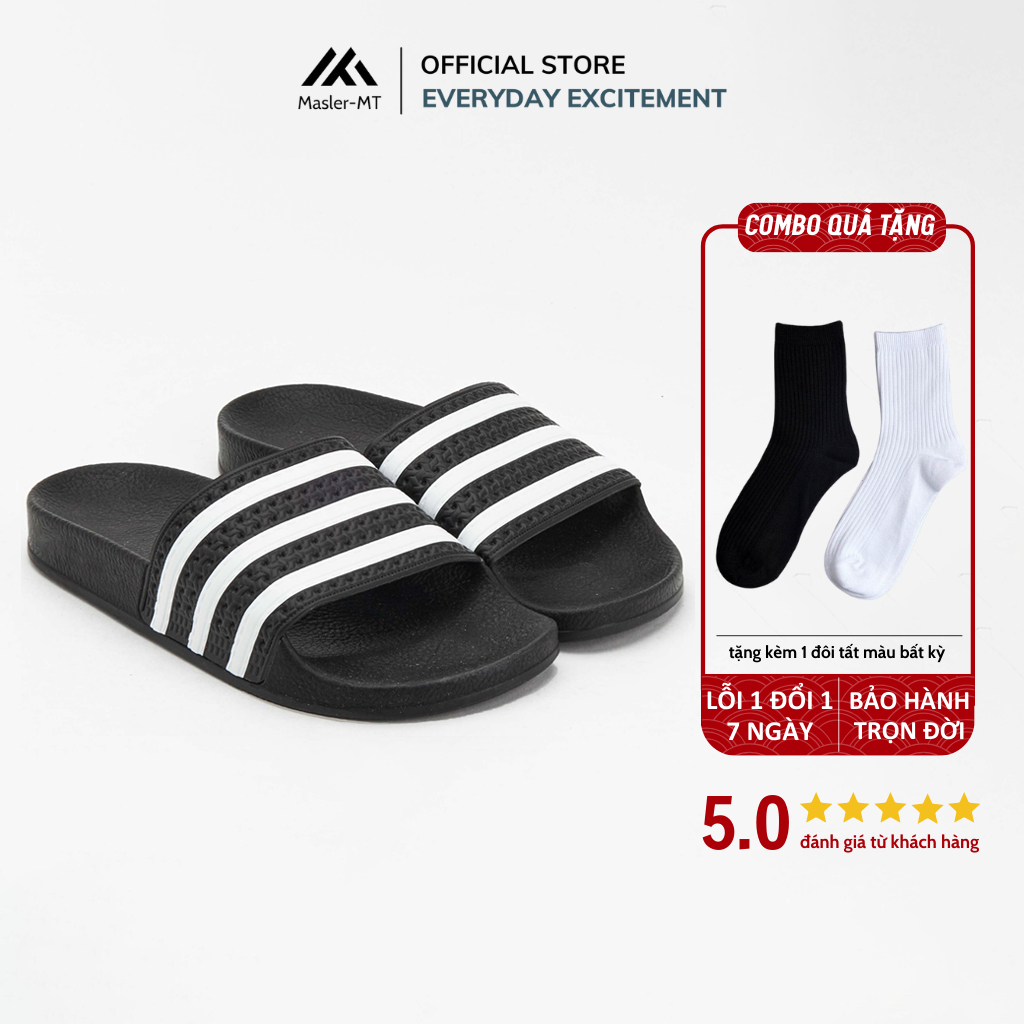  Dép quai ngang nam nữ Unisex Slipper M Masler-MT 3 sọc đen trắng với thiết kế đế chống trượt và quai êm chân DT1 