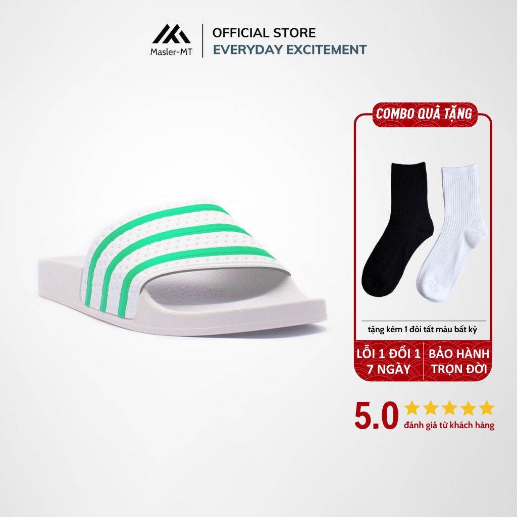  Dép quai ngang nam nữ Unisex Slipper M Masler-MT màu trắng sọc xanh lá có lớp đế dễ vệ sinh, chống trượt TSL 