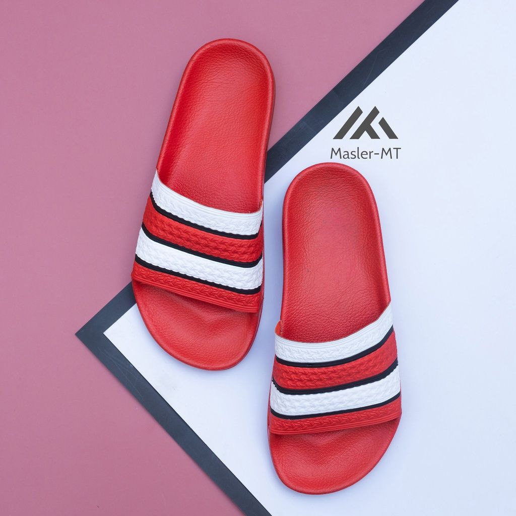  Dép quai ngang nam nữ Unisex Slipper M Masler-MT màu đỏ 4 sọc trắng với lớp quai êm chân và đế chống trơn DT4 