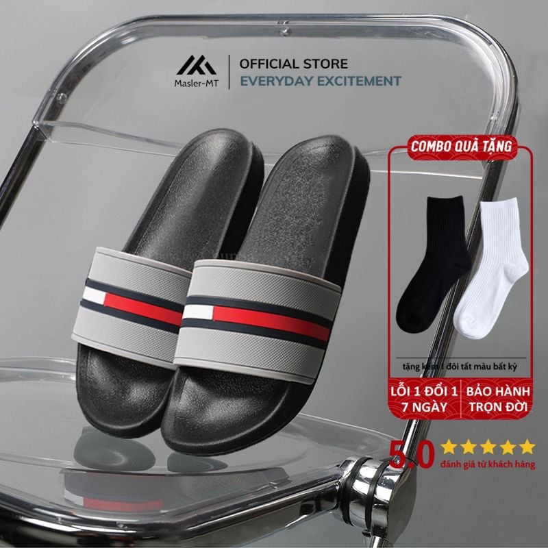  Dép quai ngang nam nữ Unisex Slipper M Masler-MT màu đỏ sọc trắng, thiết kế đế chống trơn trượt và lớp quai êm chân TM 