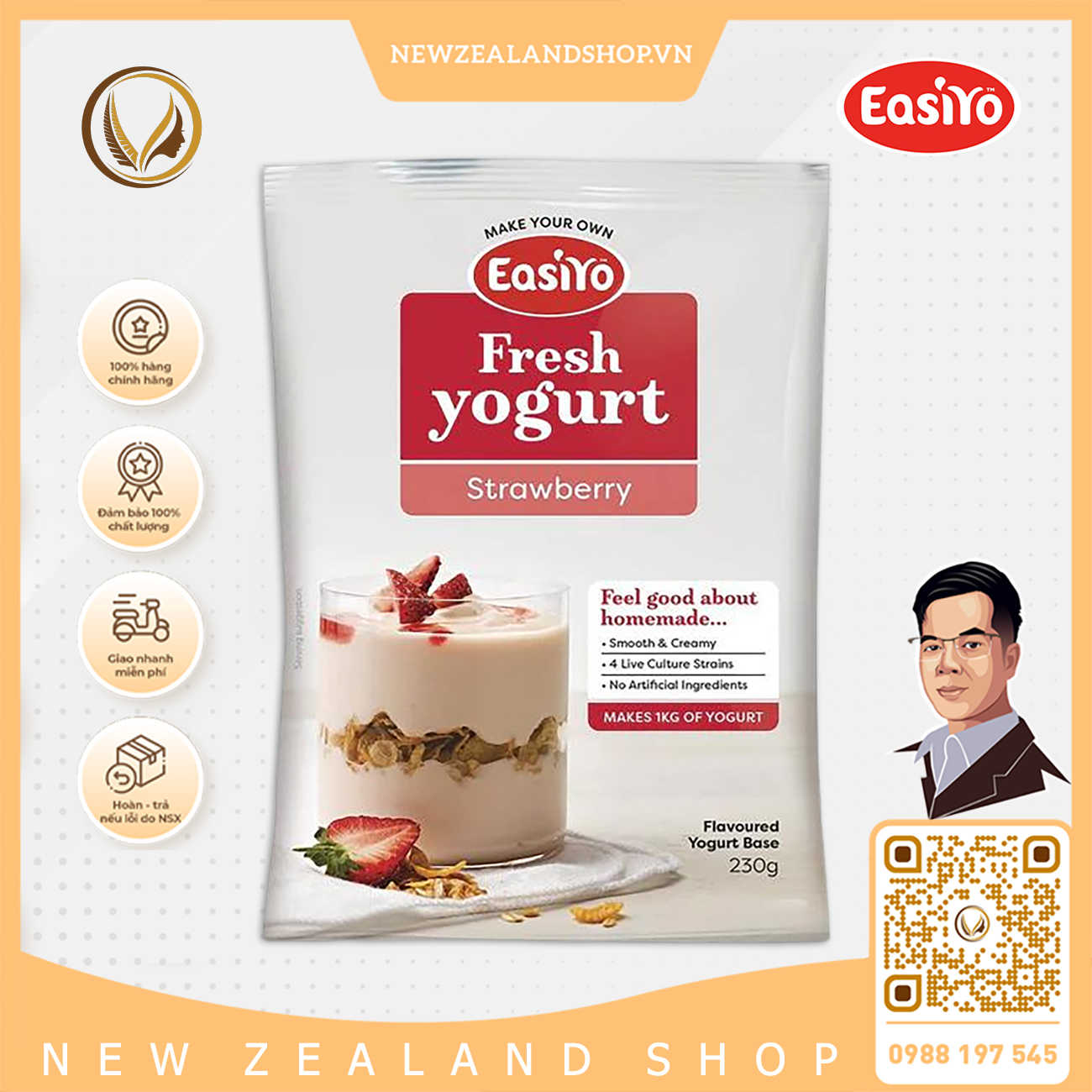 Bột làm sữa chua tươi Hy Lạp vị dâu tây Easiyo Fresh Yogurt Strawberry 230g
