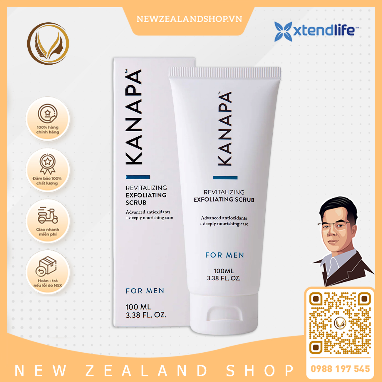 Kem tẩy tế bào chết dành cho nam Xtend Life Kanapa Revitalizing Exfoliating Scrub For Men 100ml