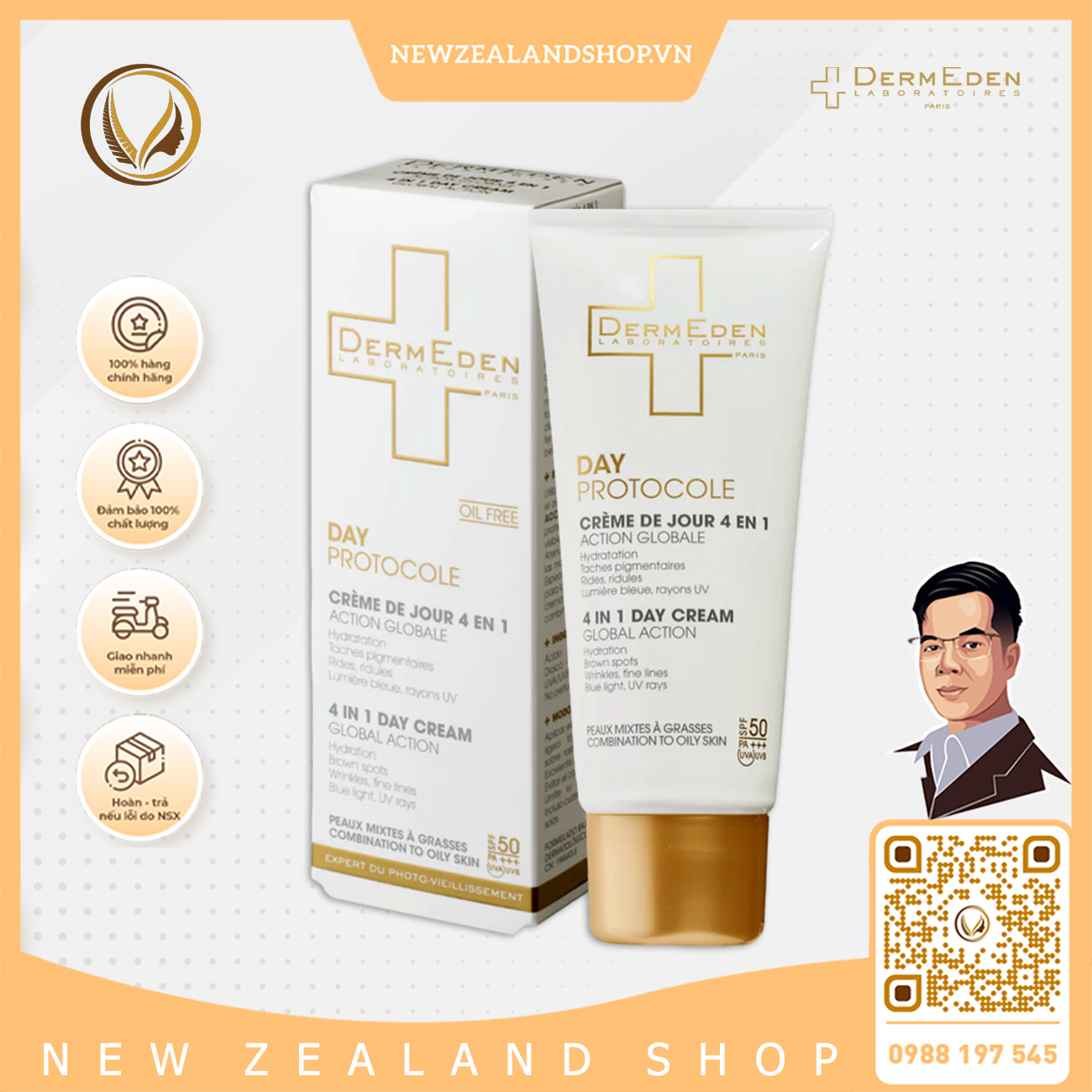 Kem chống nắng 4 trong 1 (da hỗn hợp, da dầu) DermEden Day Protocole 4 In 1 Day Cream Global Action 50ml