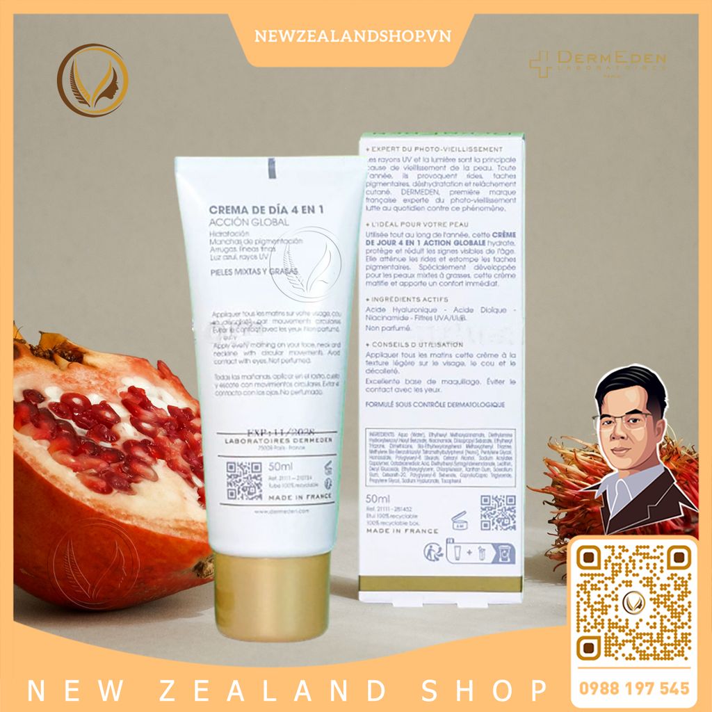 Kem chống nắng 4 trong 1 (da hỗn hợp, da dầu) DermEden Day Protocole 4 In 1 Day Cream Global Action 50ml