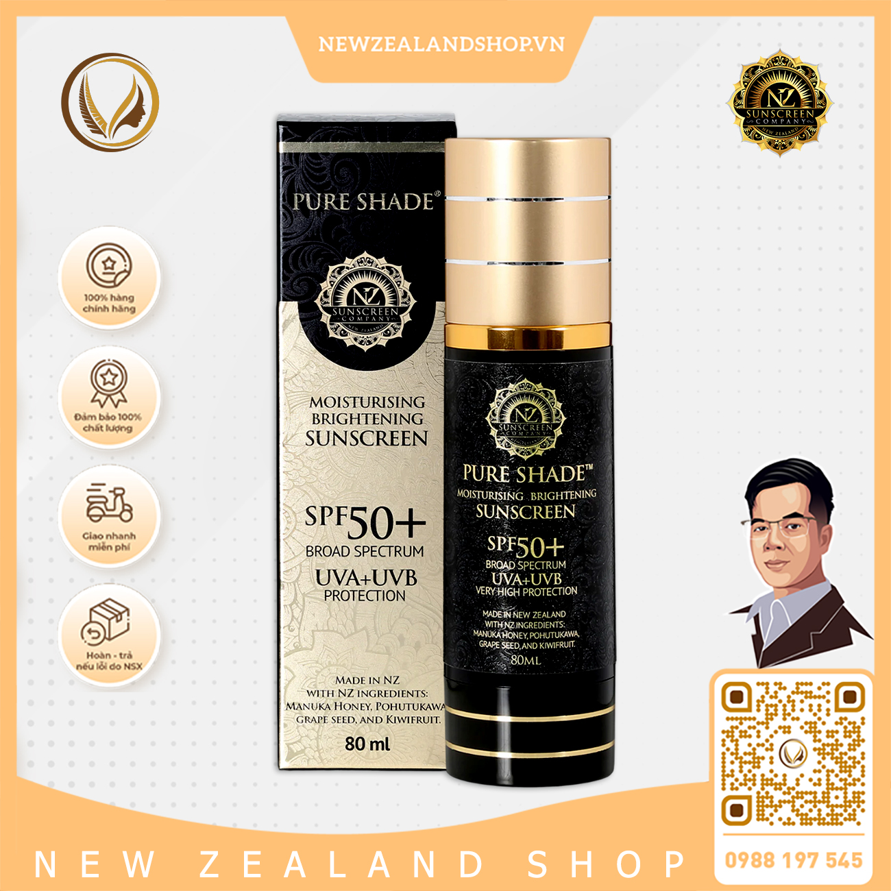 Kem chống nắng 4 trong 1 SPF 50+ NZ Sunscreen Pure Shade Moisturising Brightening Sunscreen 80ml