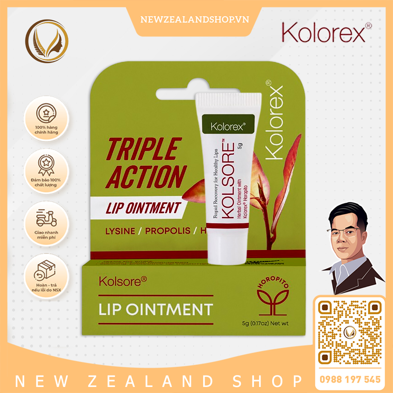 Kem hỗ trợ giảm chàm môi, loét môi, herpes môi Kolorex Kolsore Lip Care Ointment 5g