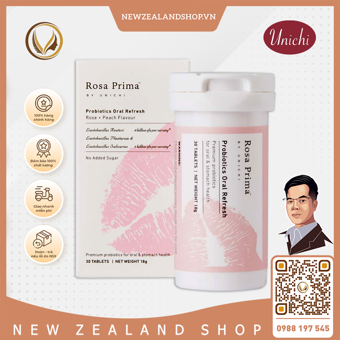 Kẹo bổ sung lợi khuẩn, thơm cơ thể Unichi Rosa Prima Probiotics Oral Refresh 30 viên