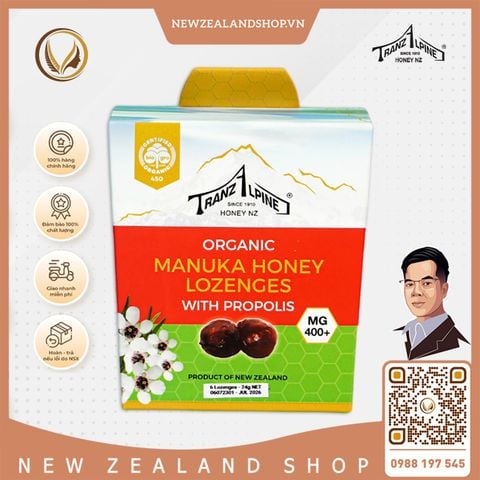 Kẹo ngậm trị ho, đau họng MG400+ TranzAlpine Organic Manuka Honey Lozenges With Propolis 6 viên