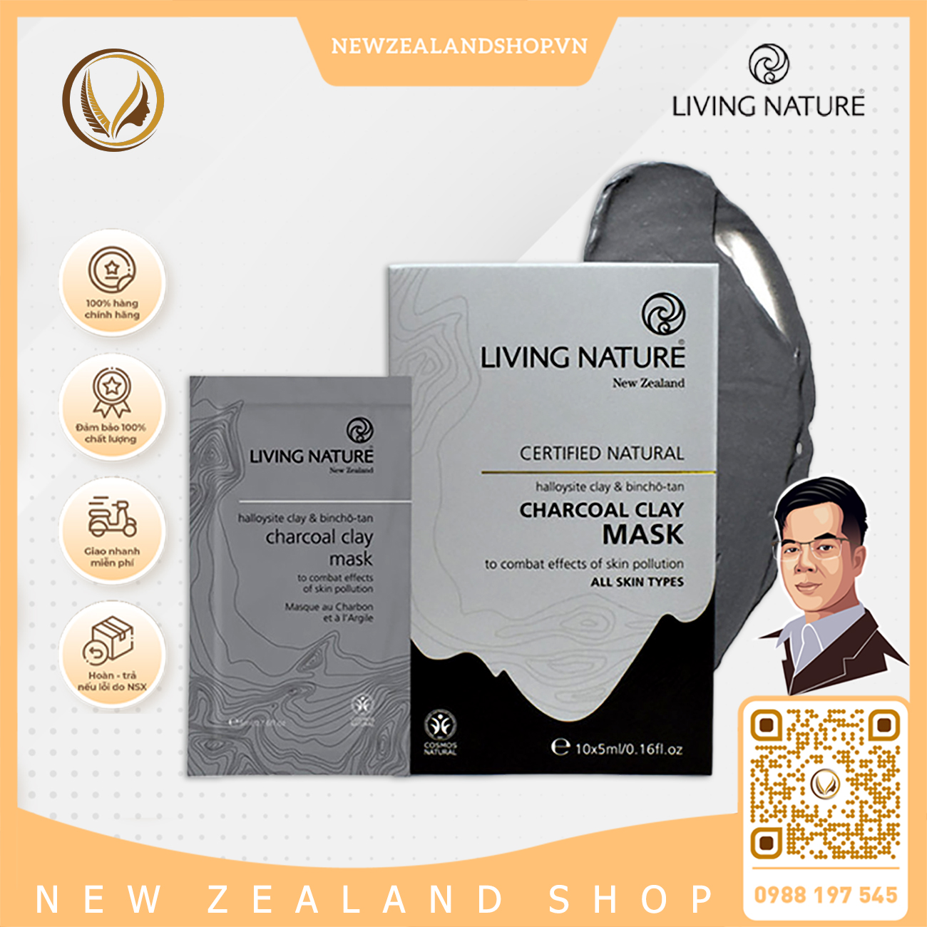 Mặt nạ đất sét than hoạt tính Living Nature Charcoal Clay Mask 10 gói