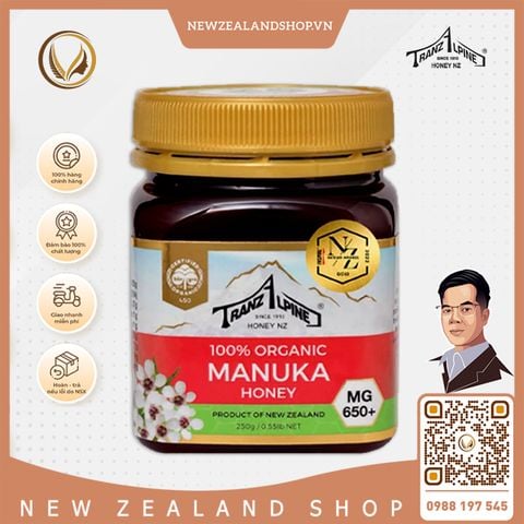 Mật ong Manuka hữu cơ MG650+ TranzAlpine 100% Organic Manuka Honey 250g