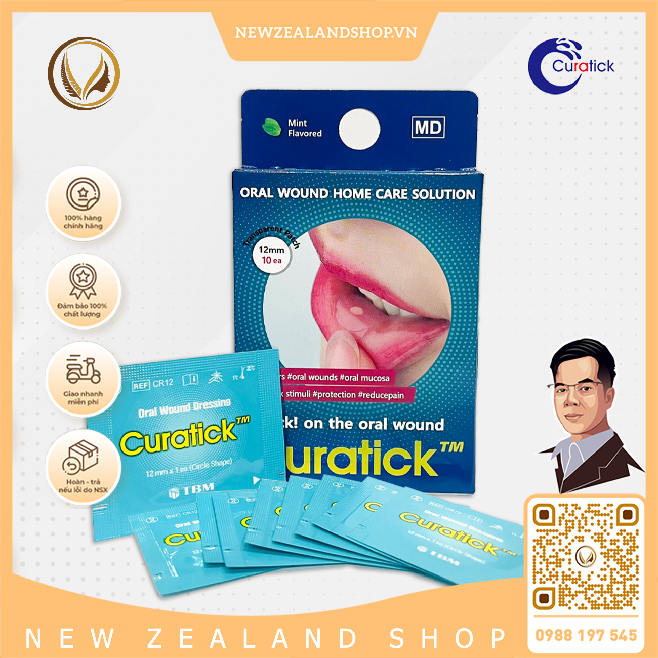 Miếng dán lở loét miệng, nhiệt miệng Curatick Tick! On The Oral Wound 10 miếng