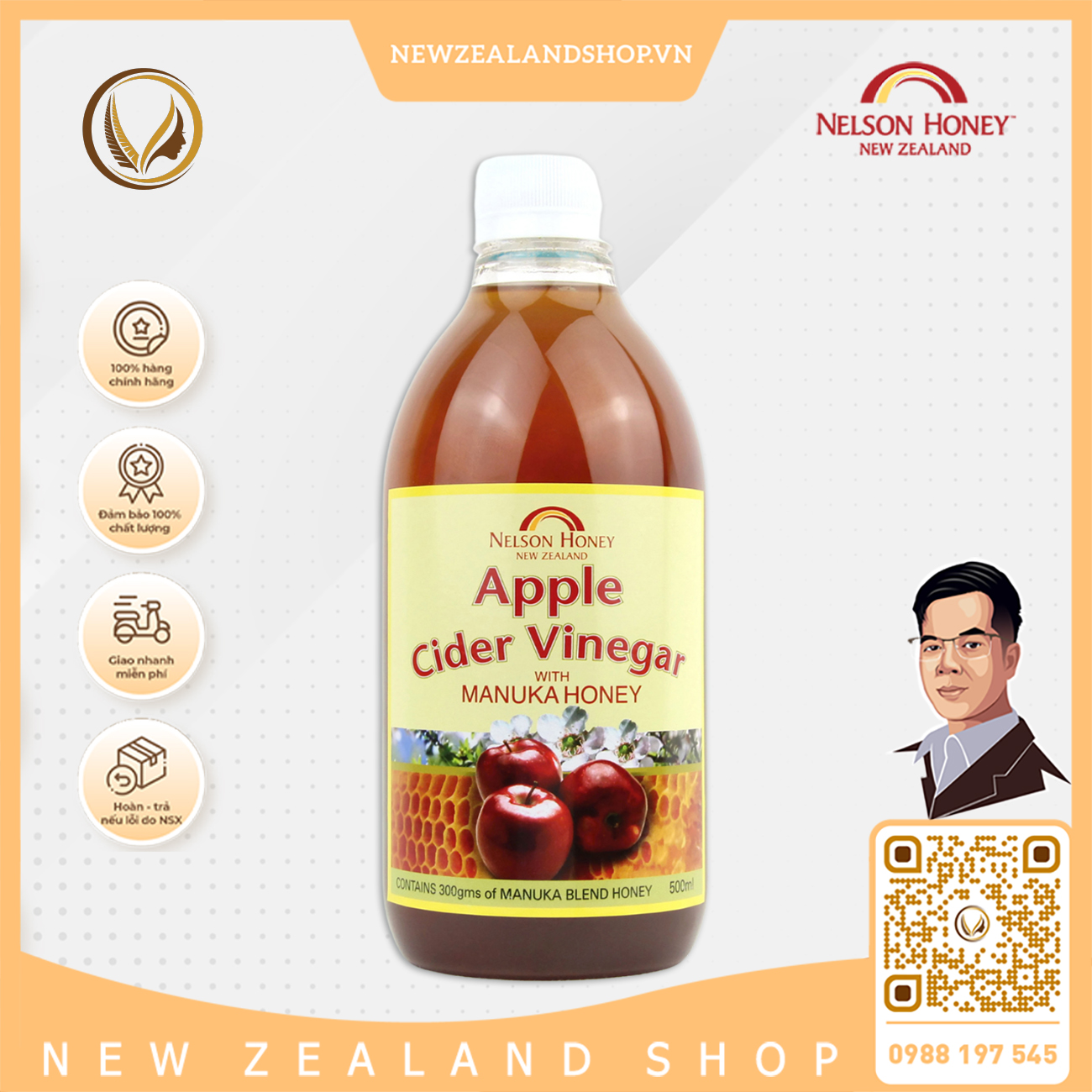 Giấm táo với mật ong manuka Nelson Honey Apple Cider Vinegar With Manuka Honey 500ml