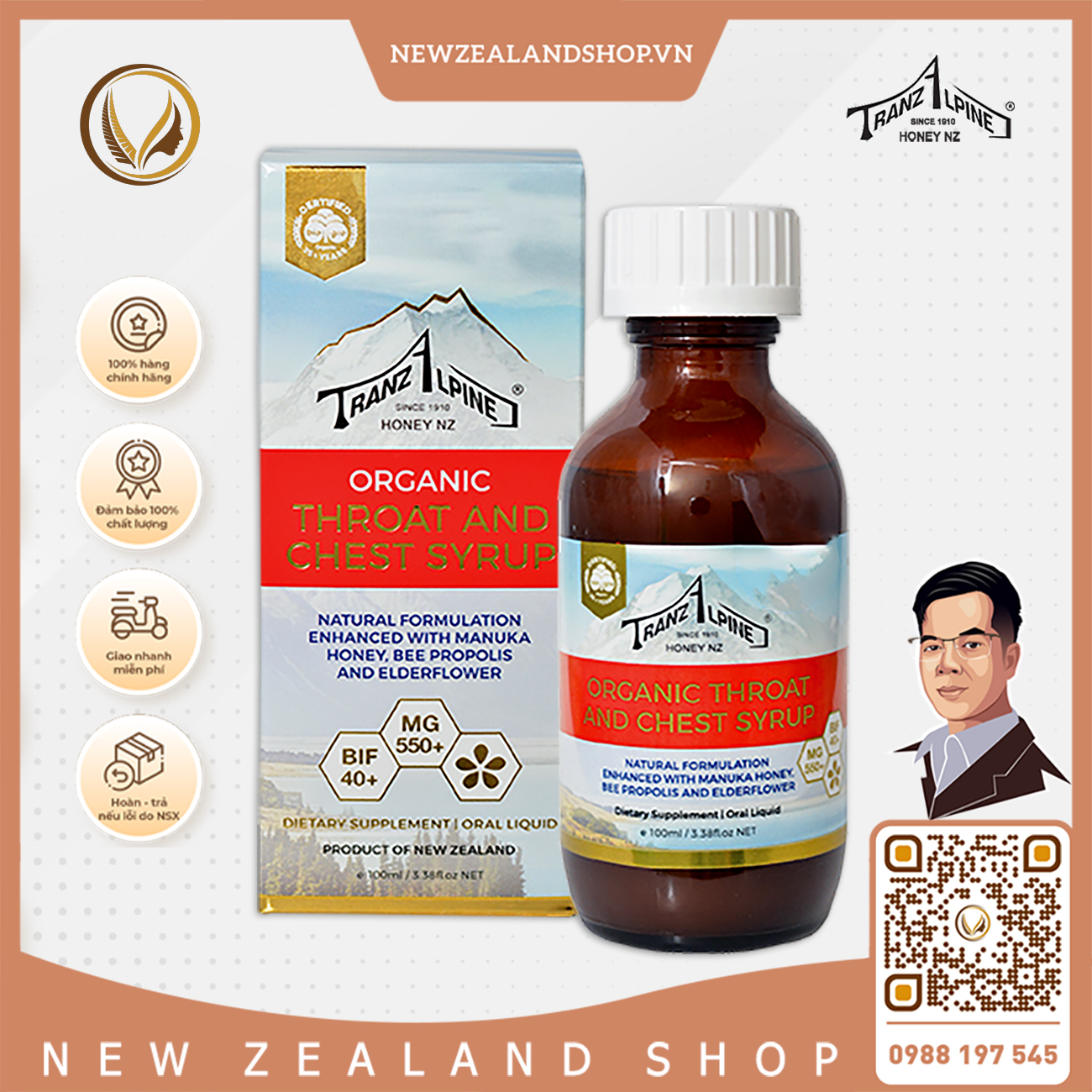 Siro giảm ho, đau họng MG550+ TranzAlpine Organic Throat And Chest Syrup 100ml