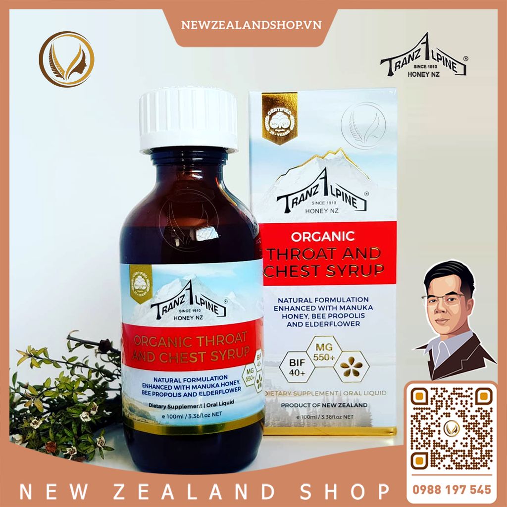 Siro giảm ho, đau họng MG550+ TranzAlpine Organic Throat And Chest Syrup 100ml