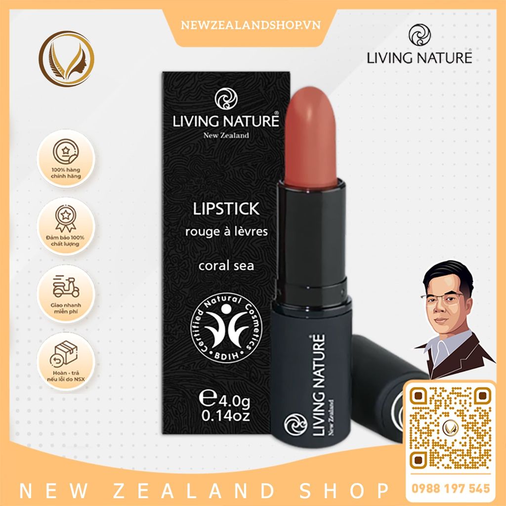Son môi màu đỏ cam 100% tự nhiên Living Nature Lipstick Electric Coral 15 (3.9g)
