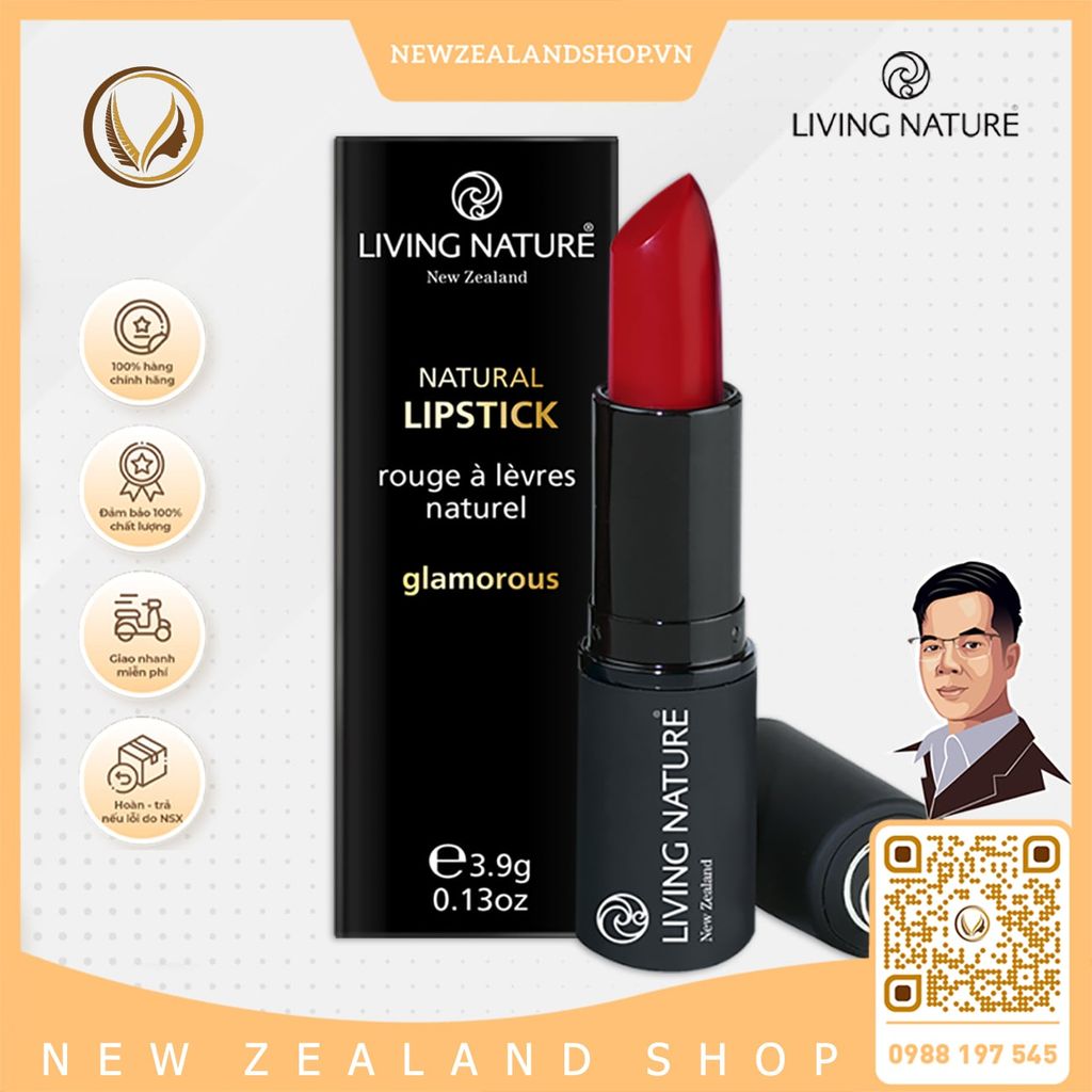 Son môi màu đỏ cam 100% tự nhiên Living Nature Lipstick Electric Coral 15 (3.9g)