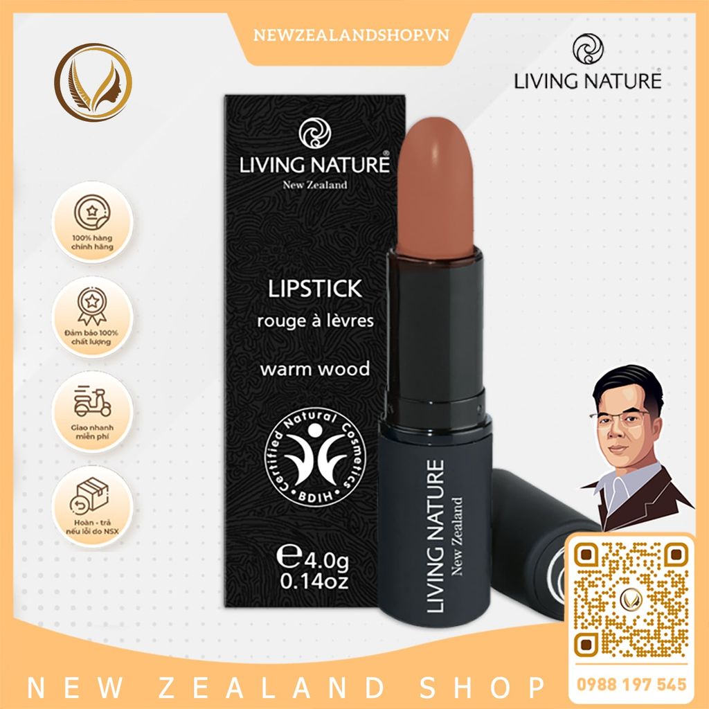 Son môi màu đỏ cam 100% tự nhiên Living Nature Lipstick Electric Coral 15 (3.9g)