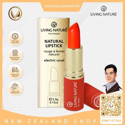 Son môi màu đỏ cam 100% tự nhiên Living Nature Lipstick Electric Coral 15 (3.9g)