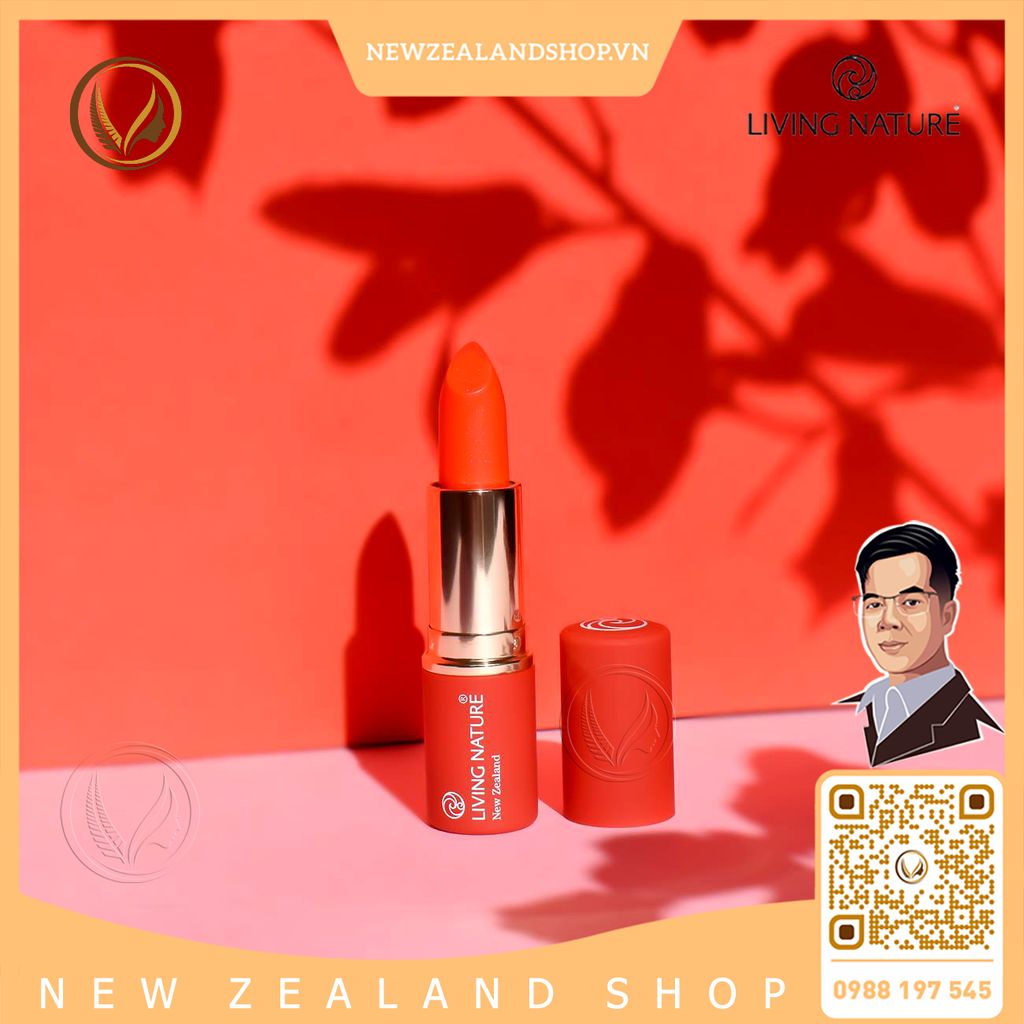 Son môi màu đỏ cam 100% tự nhiên Living Nature Lipstick Electric Coral 15 (3.9g)