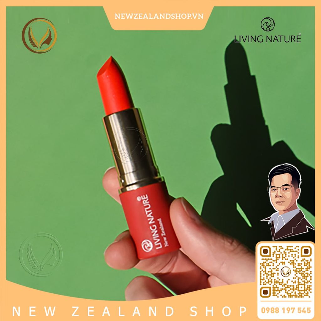 Son môi màu đỏ cam 100% tự nhiên Living Nature Lipstick Electric Coral 15 (3.9g)