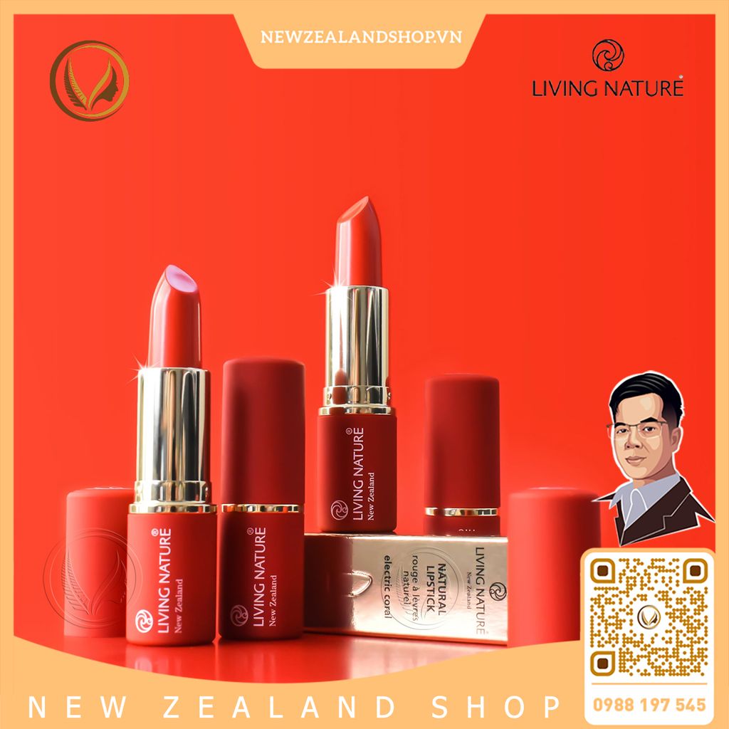Son môi màu đỏ cam 100% tự nhiên Living Nature Lipstick Electric Coral 15 (3.9g)