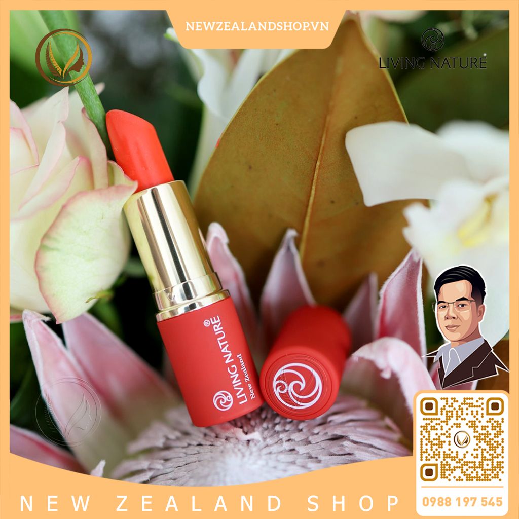 Son môi màu đỏ cam 100% tự nhiên Living Nature Lipstick Electric Coral 15 (3.9g)
