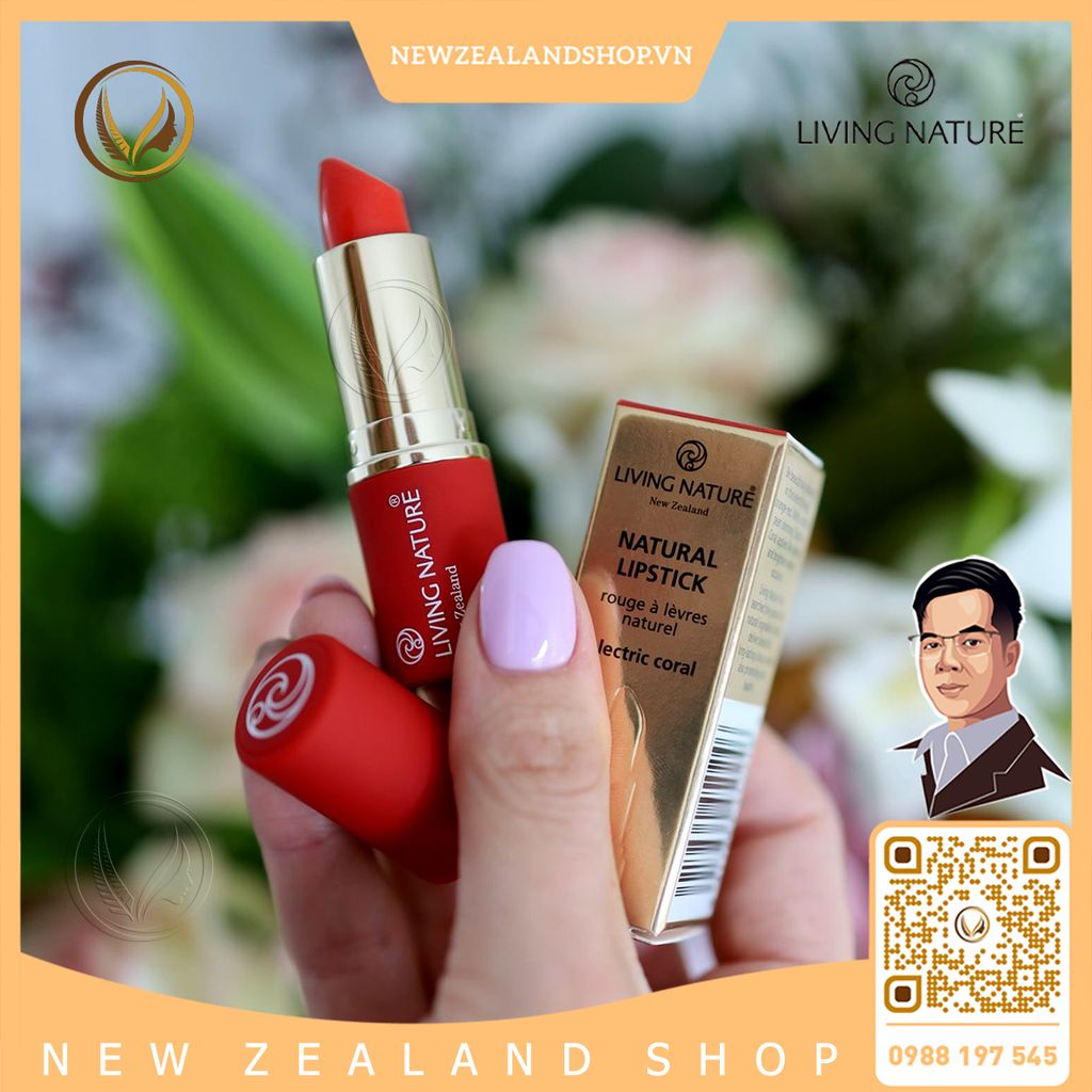 Son môi màu đỏ cam 100% tự nhiên Living Nature Lipstick Electric Coral 15 (3.9g)