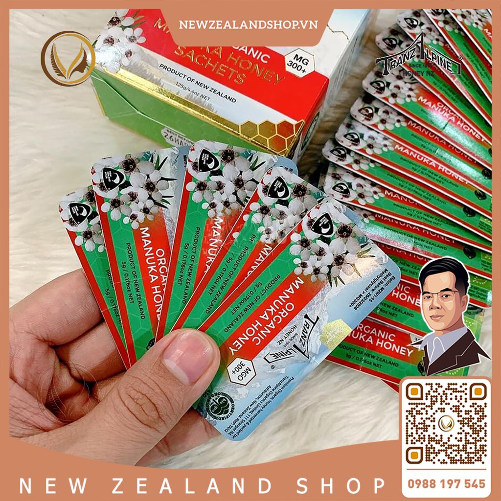 Tép mật ong hữu cơ MG300+ TranzAlpine 100% Organic Manuka Honey Sachets 25 tép