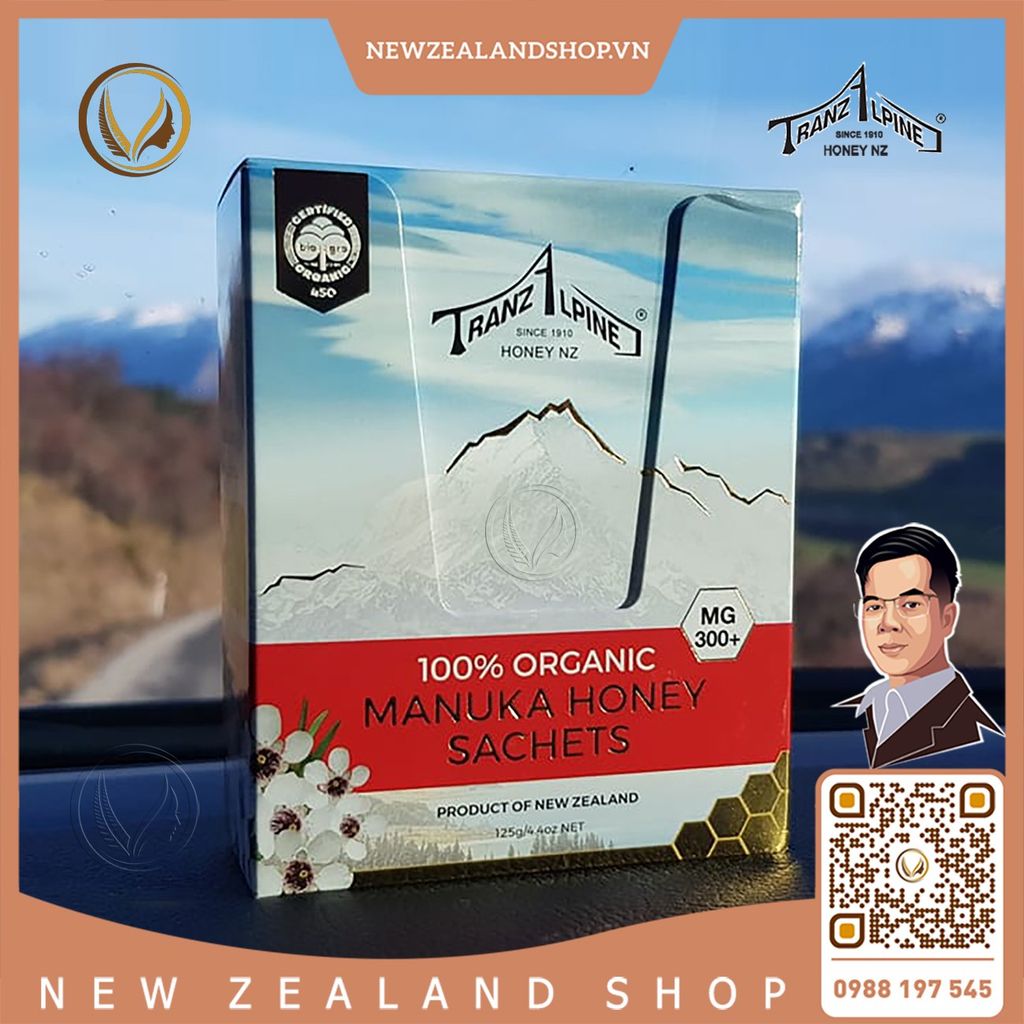 Tép mật ong hữu cơ MG300+ TranzAlpine 100% Organic Manuka Honey Sachets 25 tép