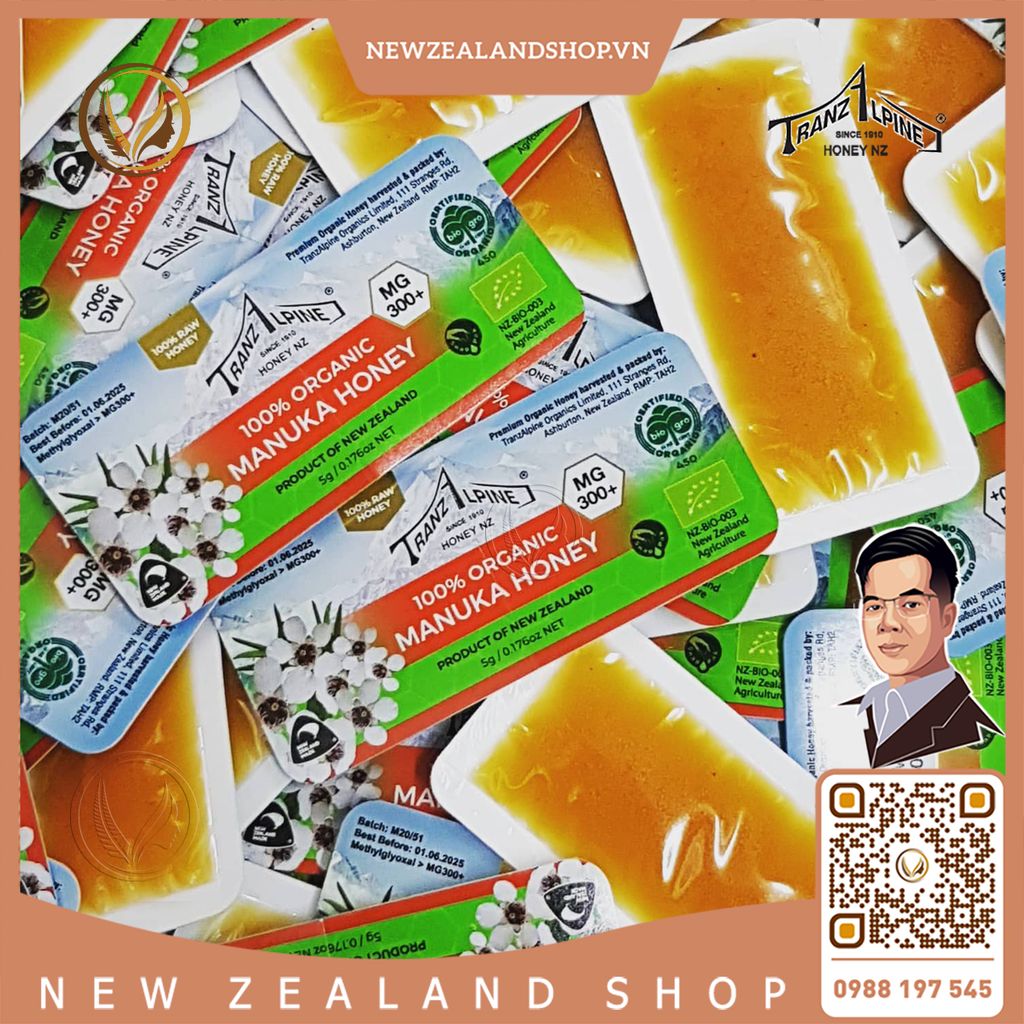 Tép mật ong hữu cơ MG300+ TranzAlpine 100% Organic Manuka Honey Sachets 25 tép