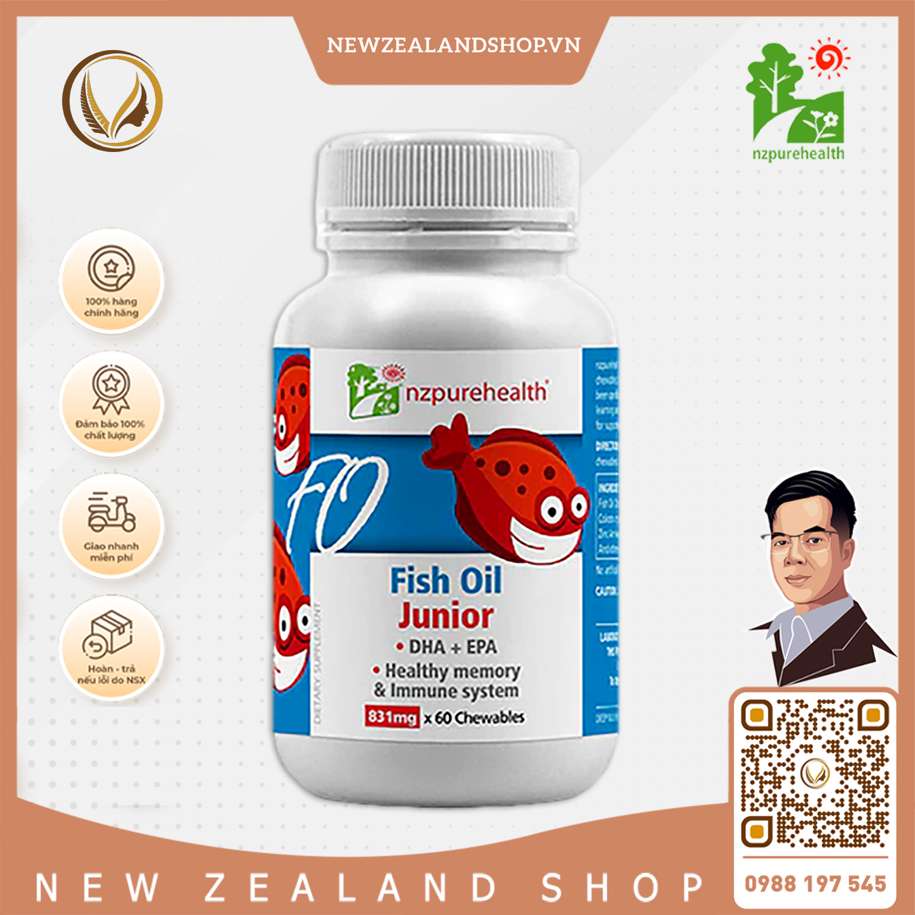 Viên uống dầu cá omega 3 cho trẻ em NZ Pure Health Fish Oil Junior 60 viên