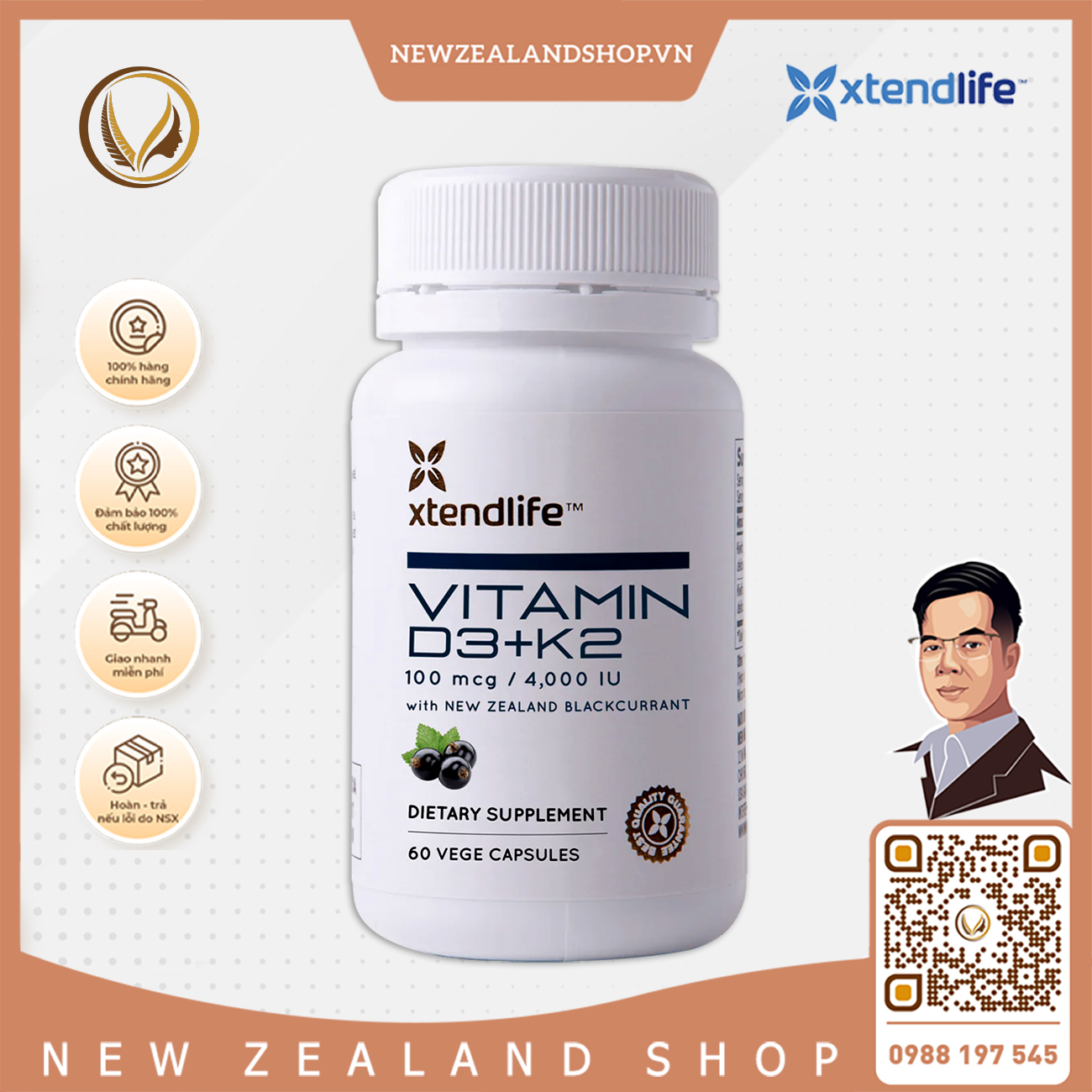 Viên uống bổ sung vitamin d3+k2 Xtend Life Vitamin D3 + K2 60 viên