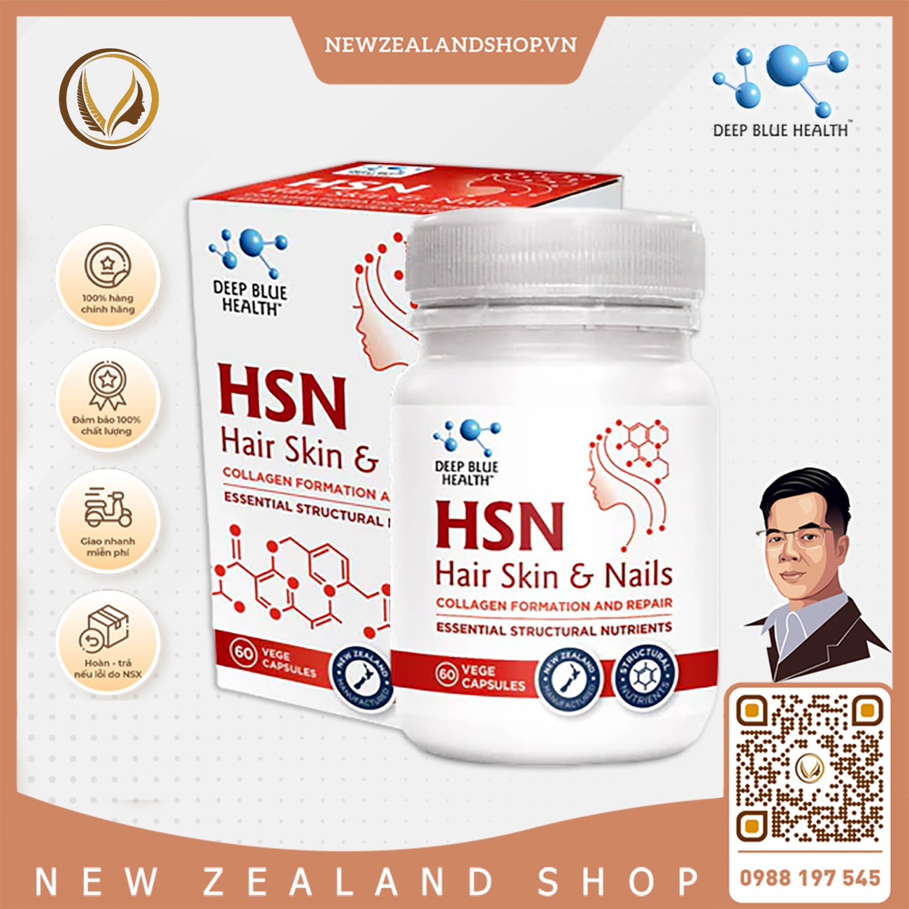 Viên uống ngăn rụng giúp mọc tóc, dưỡng móng, giảm mụn Deep Blue Health HSN Hair Skin & Nails 30 viên